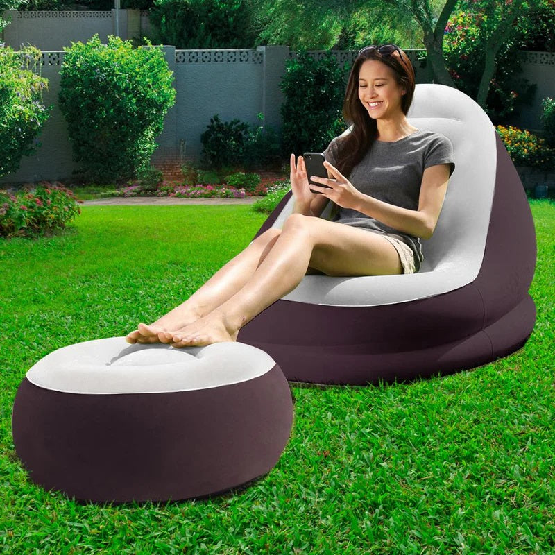 Inflatable Lounge Chair with Ottoman Blow Up Chaise Lounge Air Lazy Sofa Set for Indoor/Outdoor