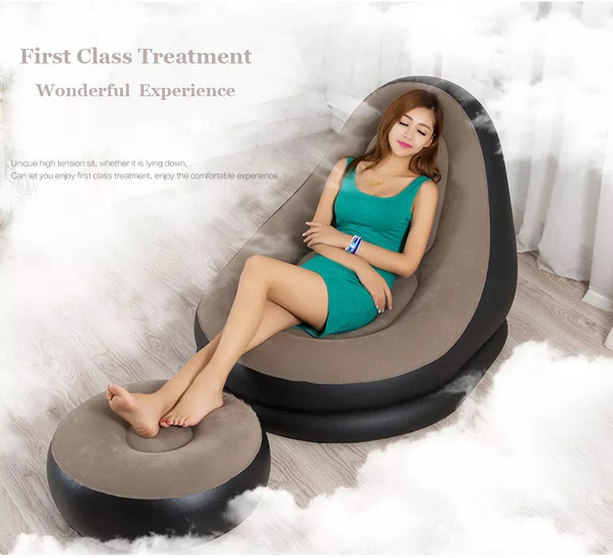 Inflatable Lounge Chair with Ottoman Blow Up Chaise Lounge Air Lazy Sofa Set for Indoor/Outdoor