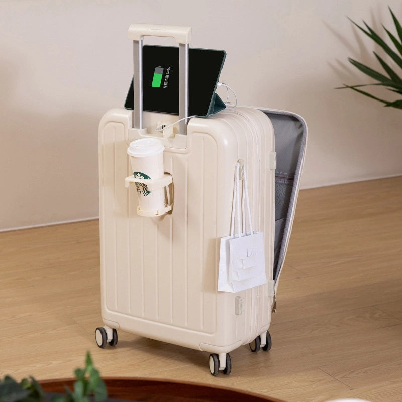 Front Open Luggage Suitcase with Cup Holder and USB Port.