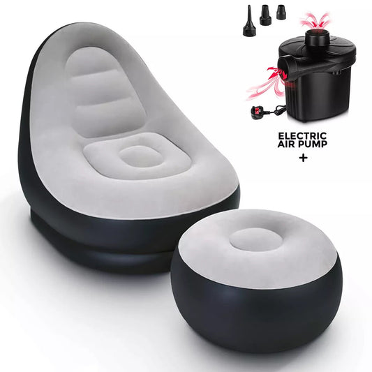 Inflatable Lounge Chair with Ottoman Blow Up Chaise Lounge Air Lazy Sofa Set for Indoor/Outdoor