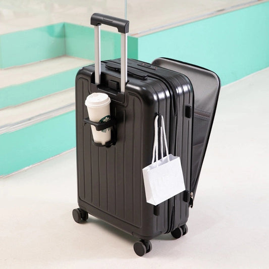 Front Open Luggage Suitcase with Cup Holder and USB Port.