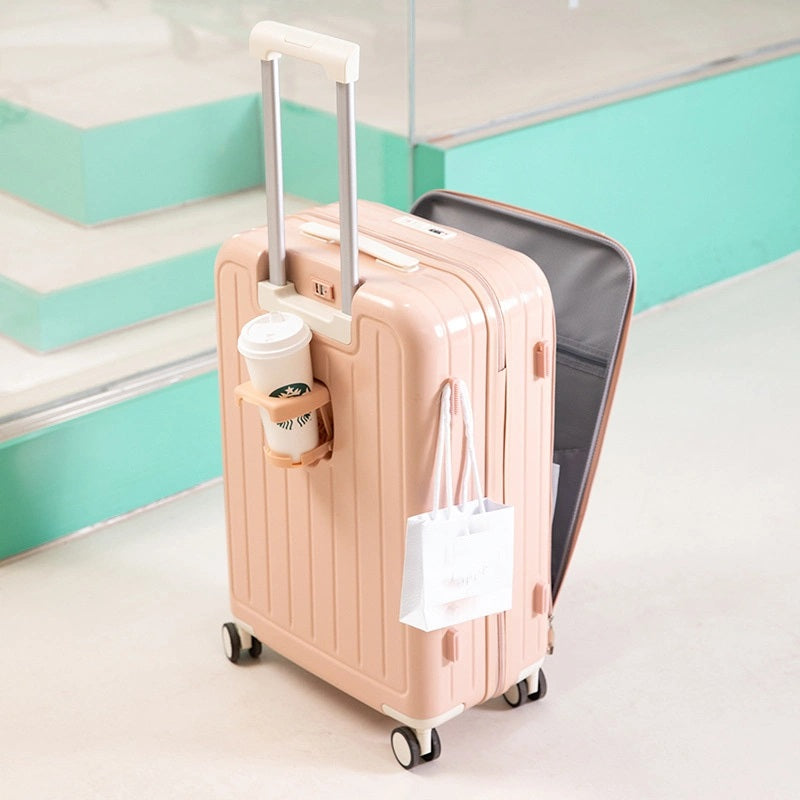 Front Open Luggage Suitcase with Cup Holder and USB Port.